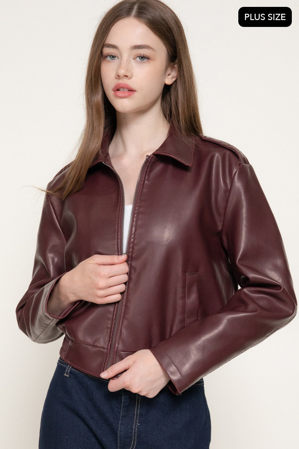 Long Slv Wash Effect Faux Leather Jacket