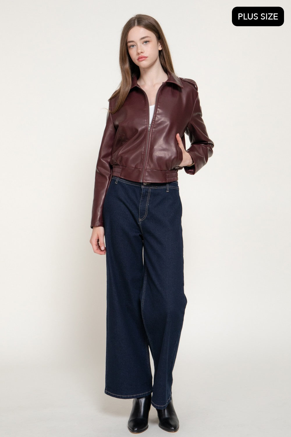 Long Slv Wash Effect Faux Leather Jacket