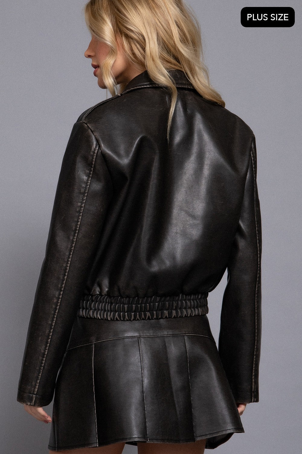 Long Slv Wash Effect Faux Leather Jacket