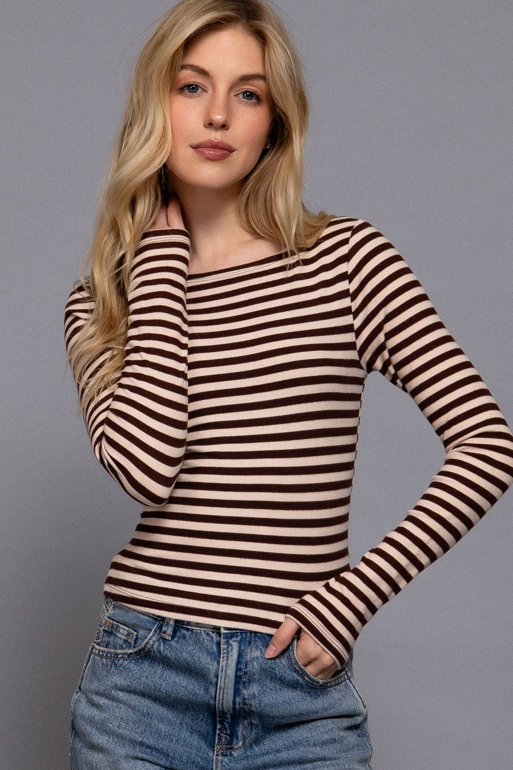 Long Slv Boat Neck Stripe Brushed Rib Top