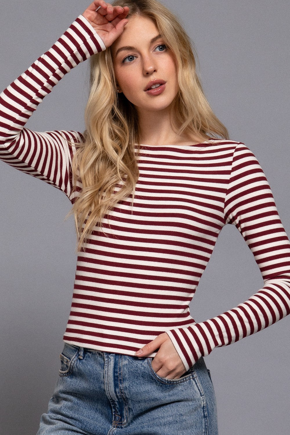 Long Slv Boat Neck Stripe Brushed Rib Top