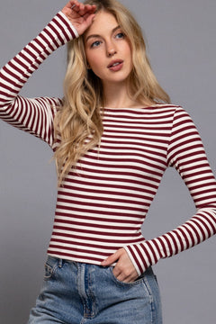 Long Slv Boat Neck Stripe Brushed Rib Top