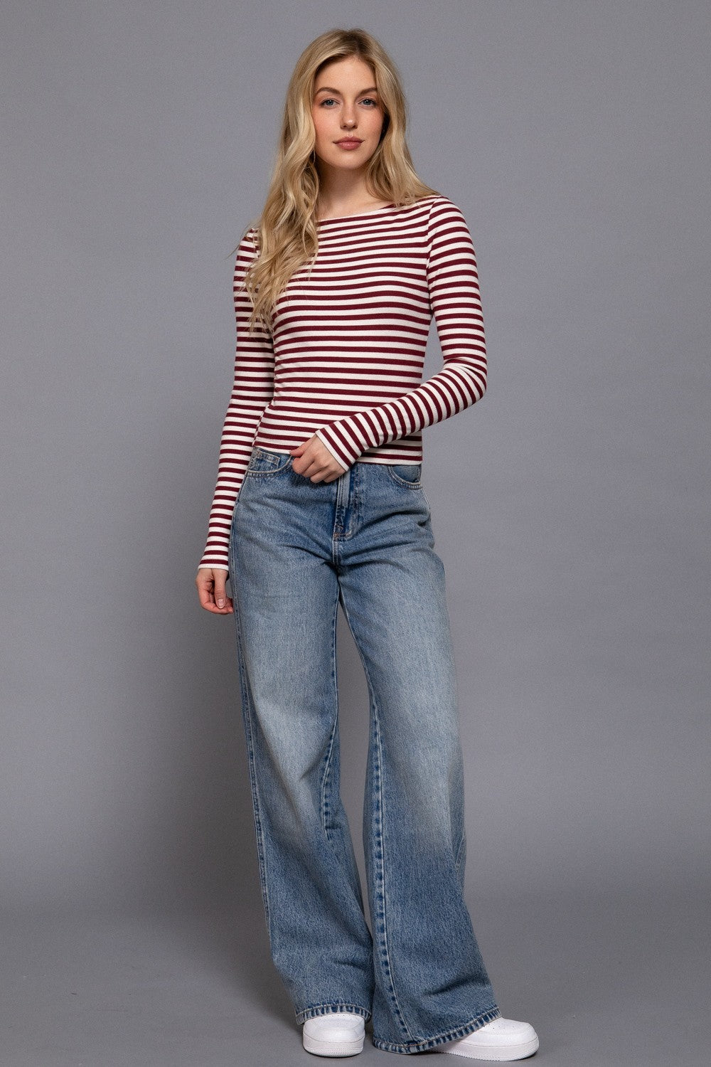 Long Slv Boat Neck Stripe Brushed Rib Top