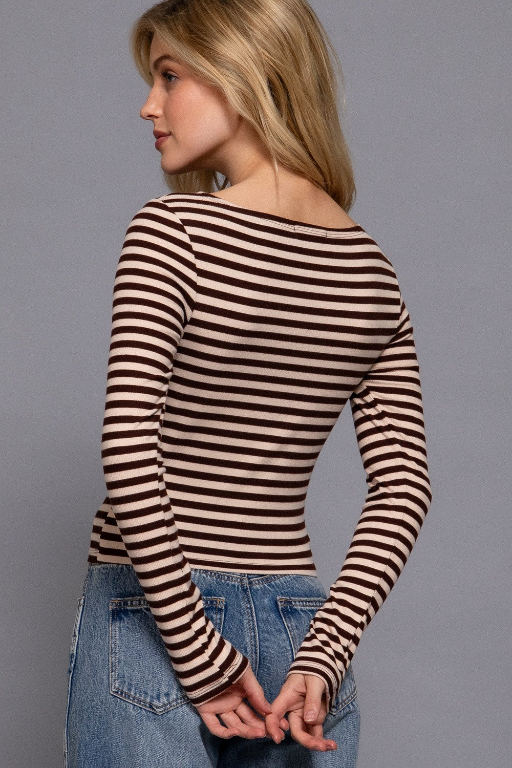 Long Slv Boat Neck Stripe Brushed Rib Top