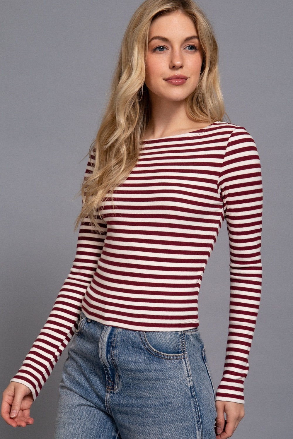 Long Slv Boat Neck Stripe Brushed Rib Top