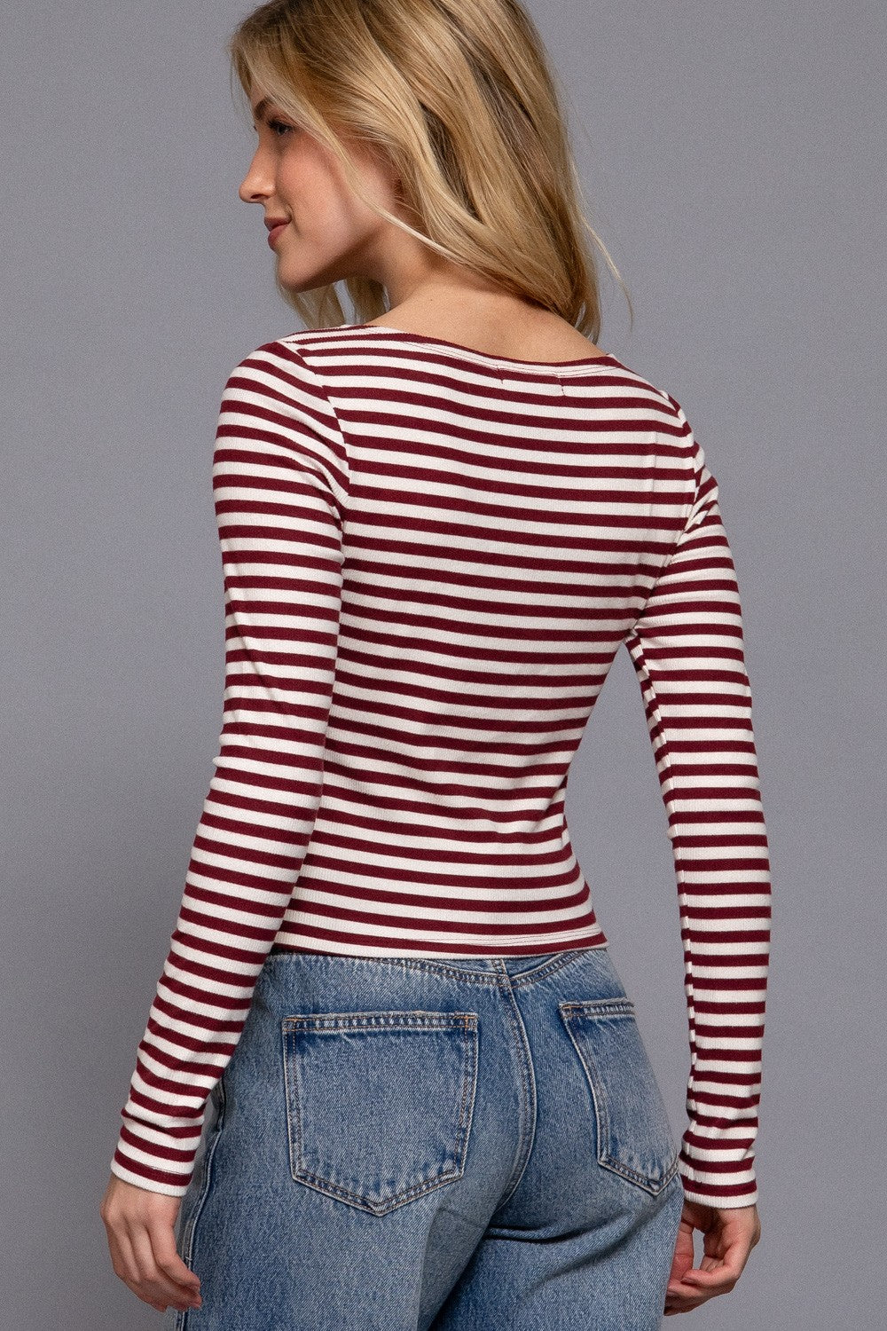 Long Slv Boat Neck Stripe Brushed Rib Top