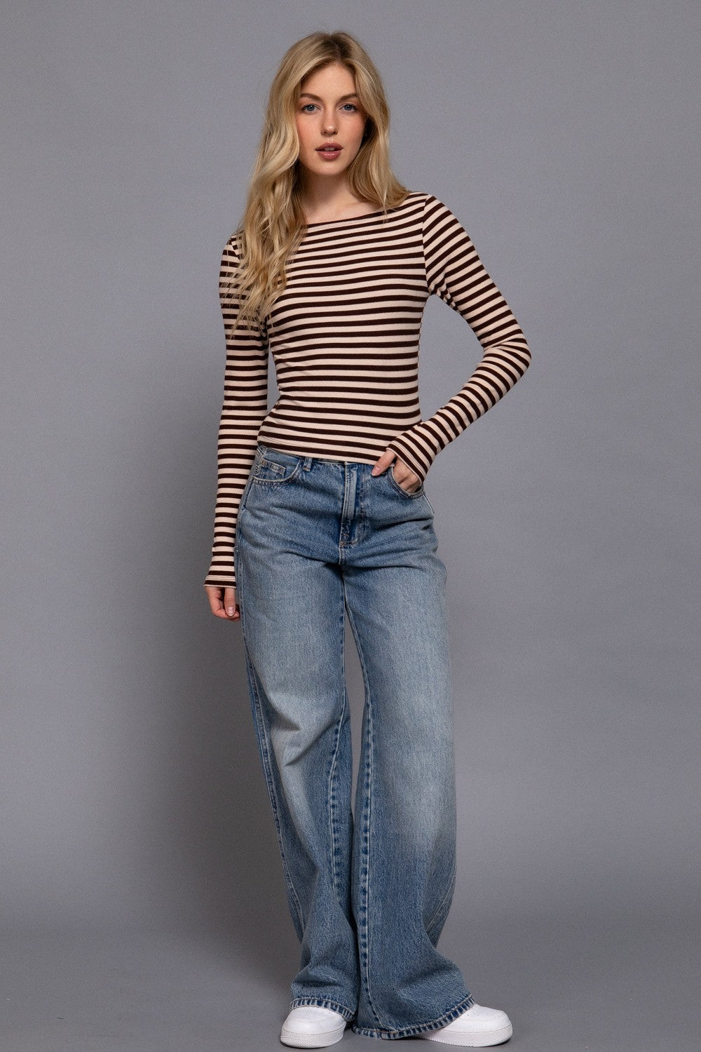 Long Slv Boat Neck Stripe Brushed Rib Top
