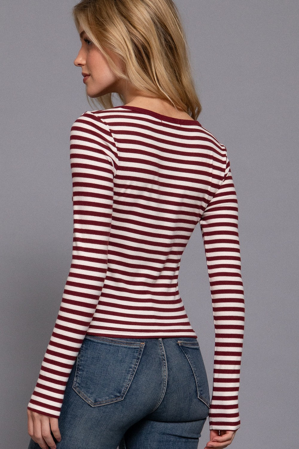 Long Slv Henley Neck Stripe Brushed Rib Top