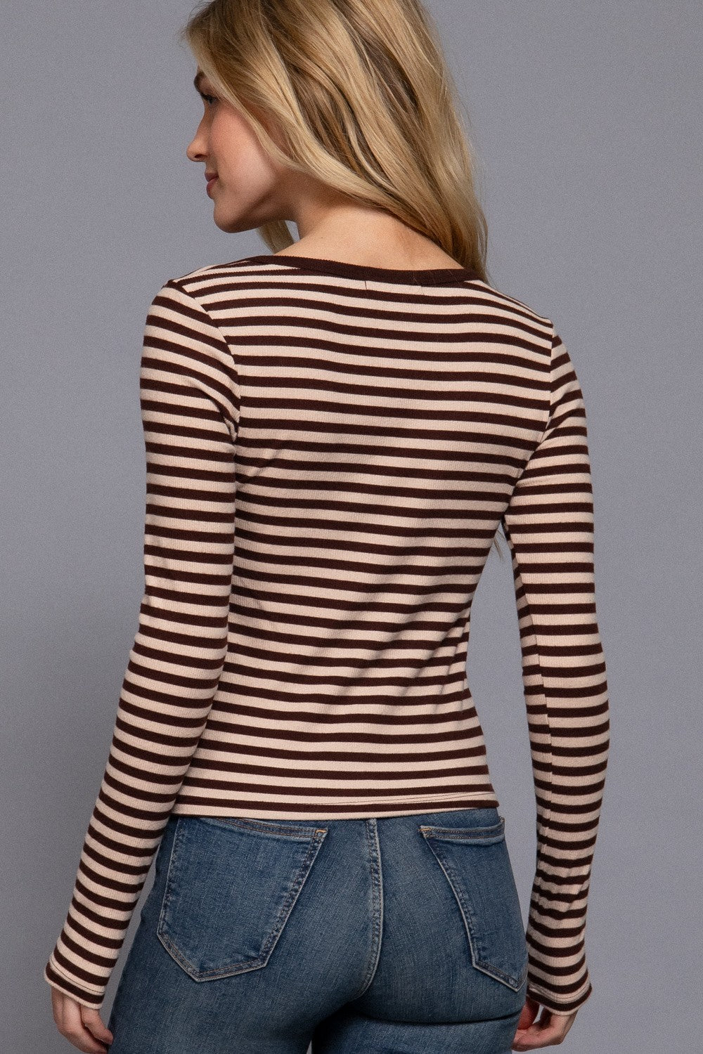 Long Slv Henley Neck Stripe Brushed Rib Top