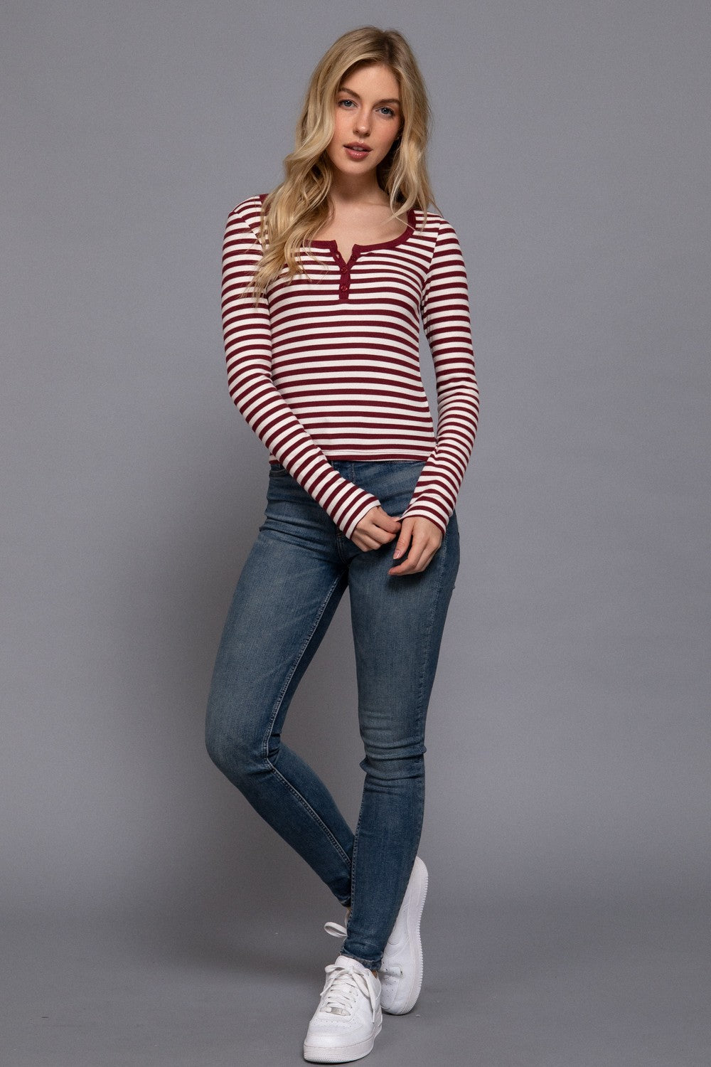 Long Slv Henley Neck Stripe Brushed Rib Top