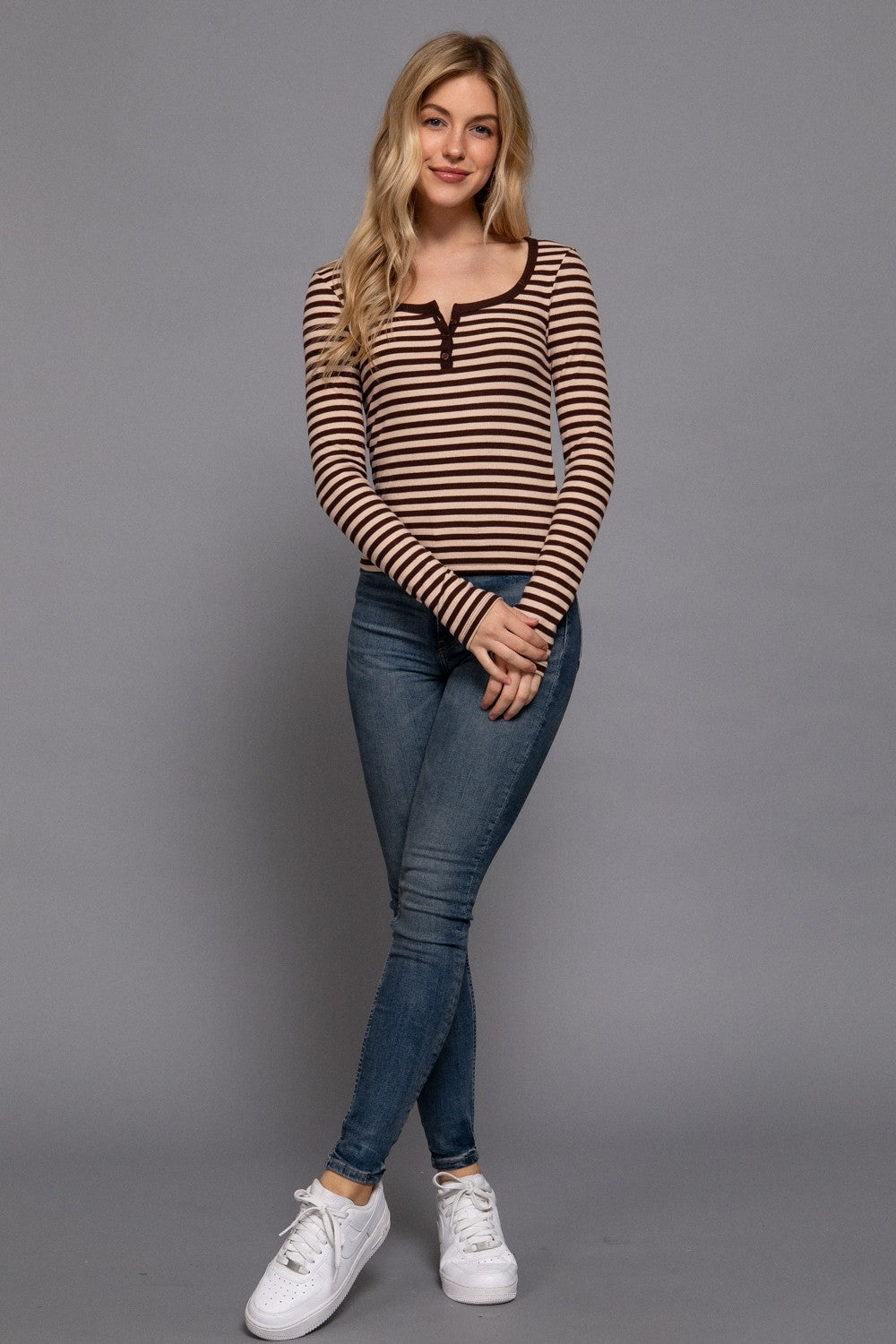 Long Slv Henley Neck Stripe Brushed Rib Top