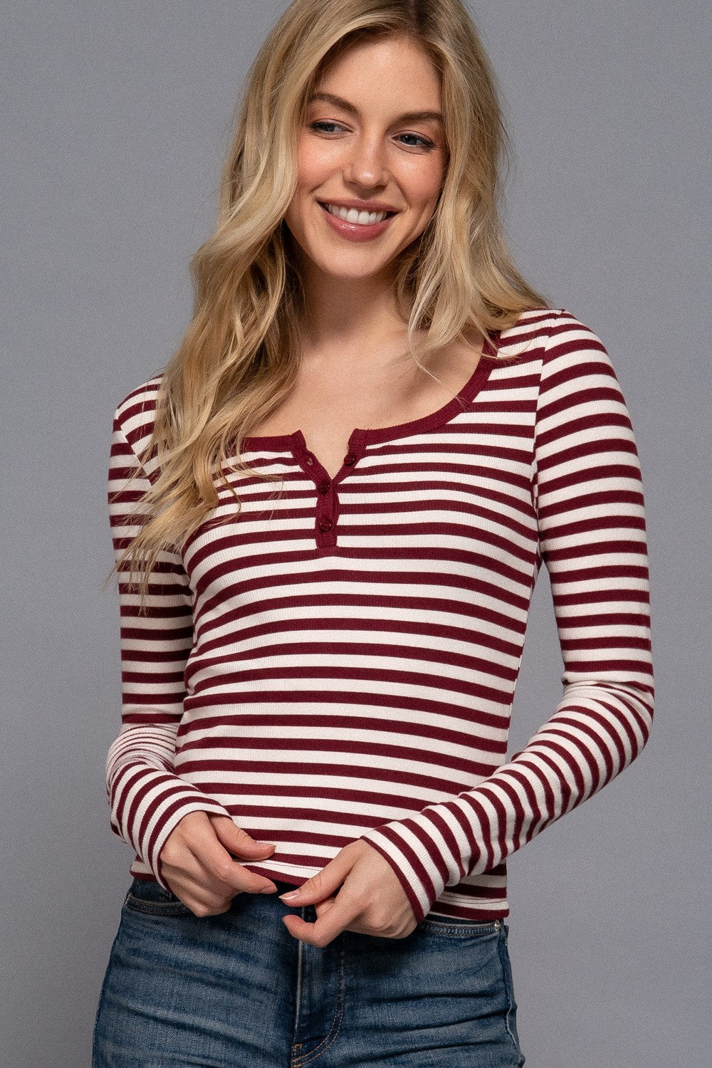 Long Slv Henley Neck Stripe Brushed Rib Top