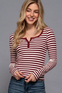Long Slv Henley Neck Stripe Brushed Rib Top