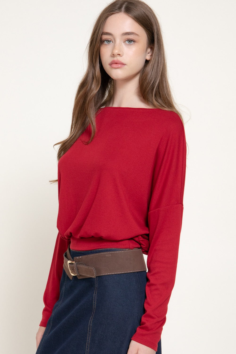 Long Slv Boat Neck Brushed Knit Top