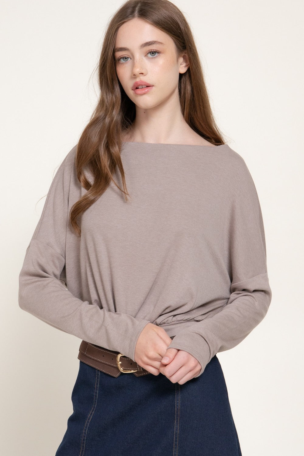 Long Slv Boat Neck Brushed Knit Top