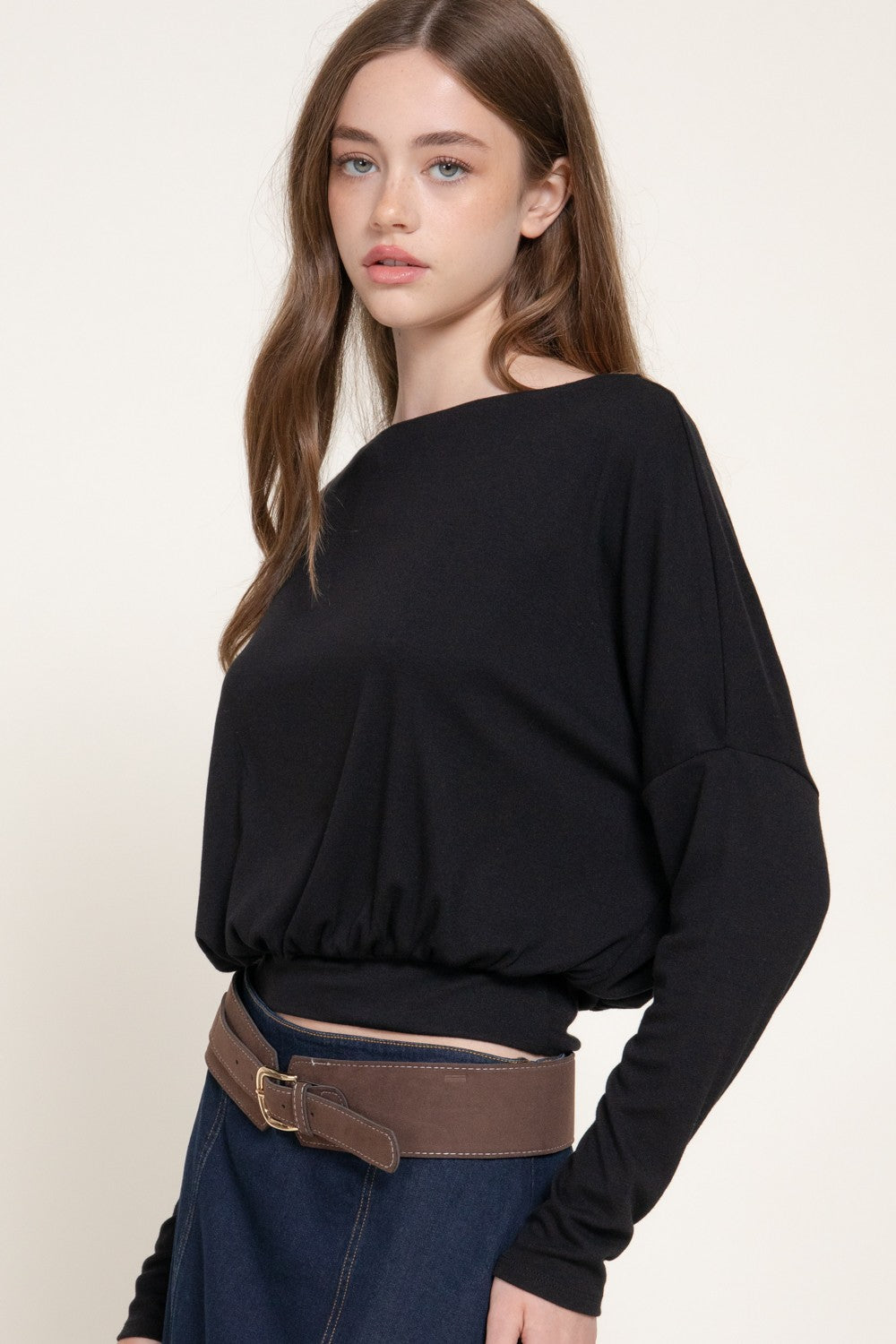 Long Slv Boat Neck Brushed Knit Top