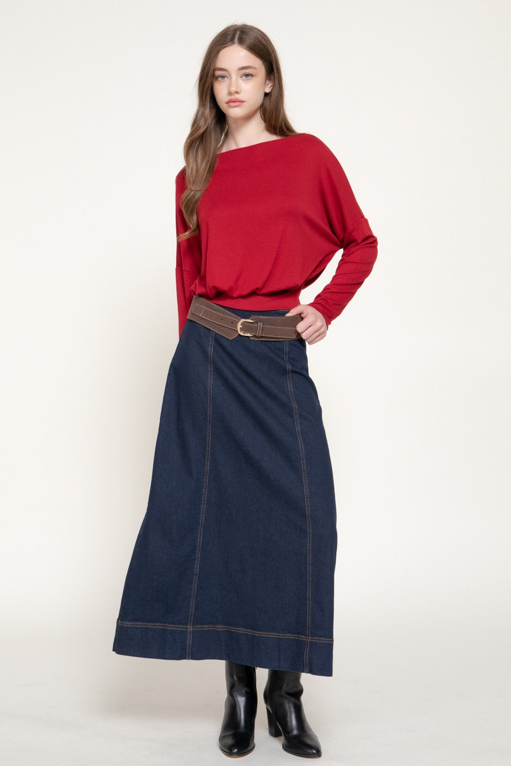 Long Slv Boat Neck Brushed Knit Top