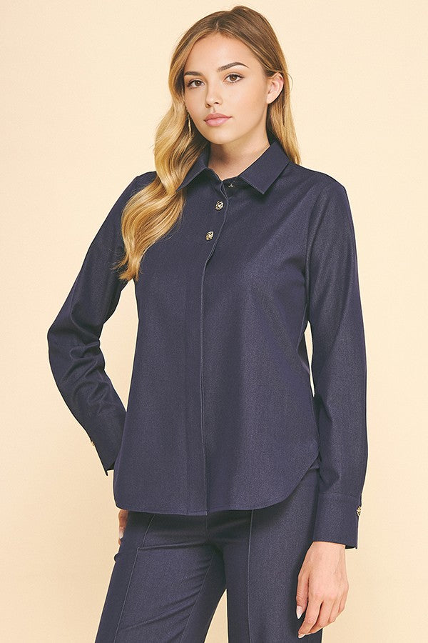 Faux Denim Double Button Collar Blouse