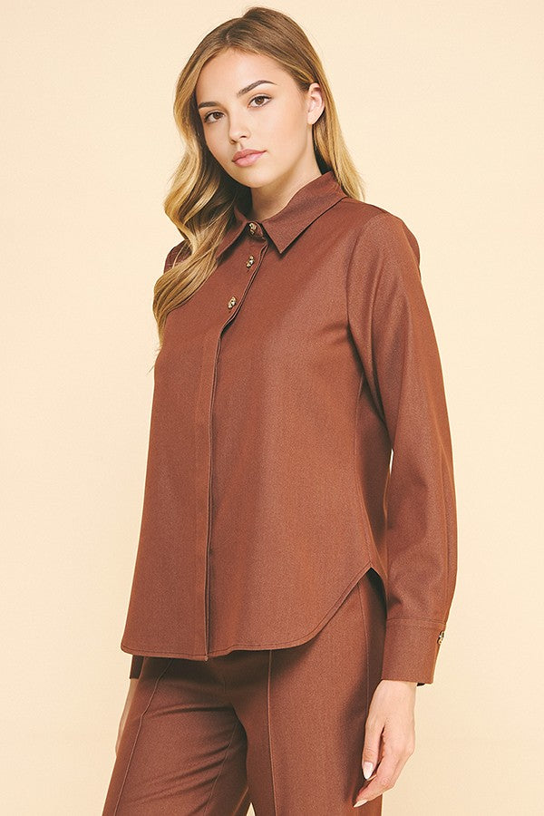 Faux Denim Double Button Collar Blouse