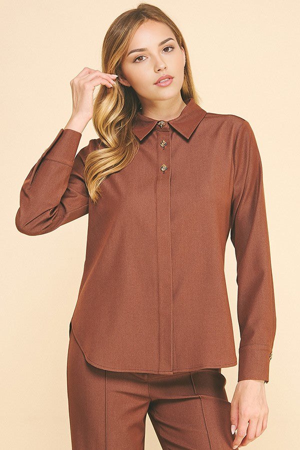 Faux Denim Double Button Collar Blouse