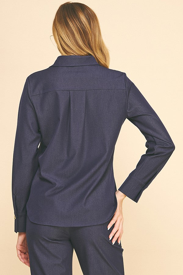 Faux Denim Double Button Collar Blouse