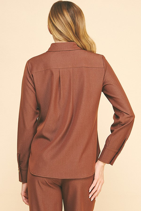 Faux Denim Double Button Collar Blouse