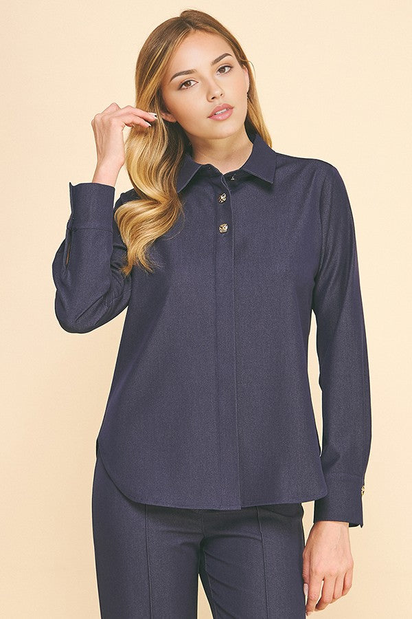 Faux Denim Double Button Collar Blouse