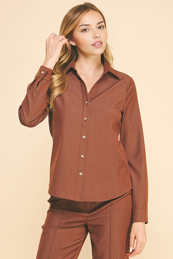 Faux Denim Open Collar Tapered Dress Shirt Blouse