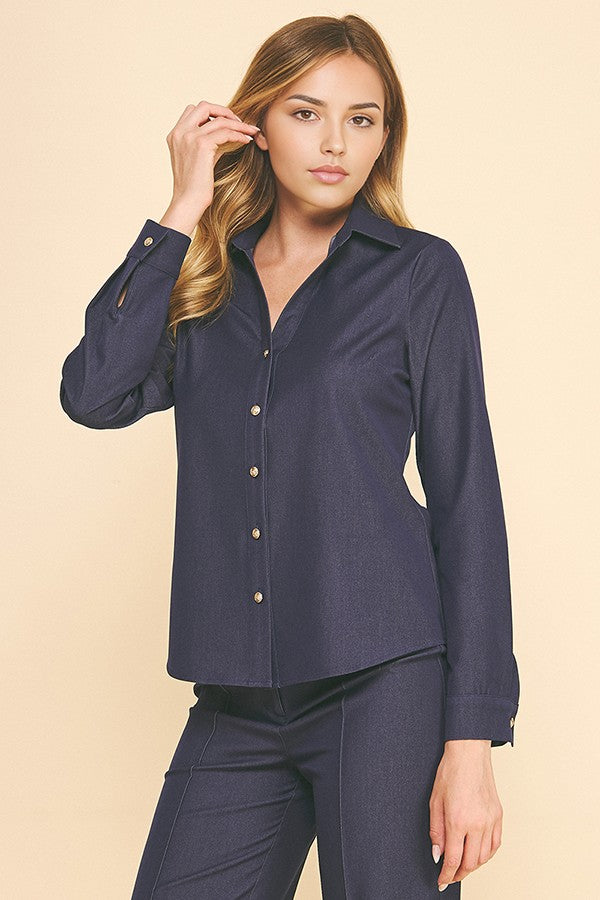 Faux Denim Open Collar Tapered Dress Shirt Blouse