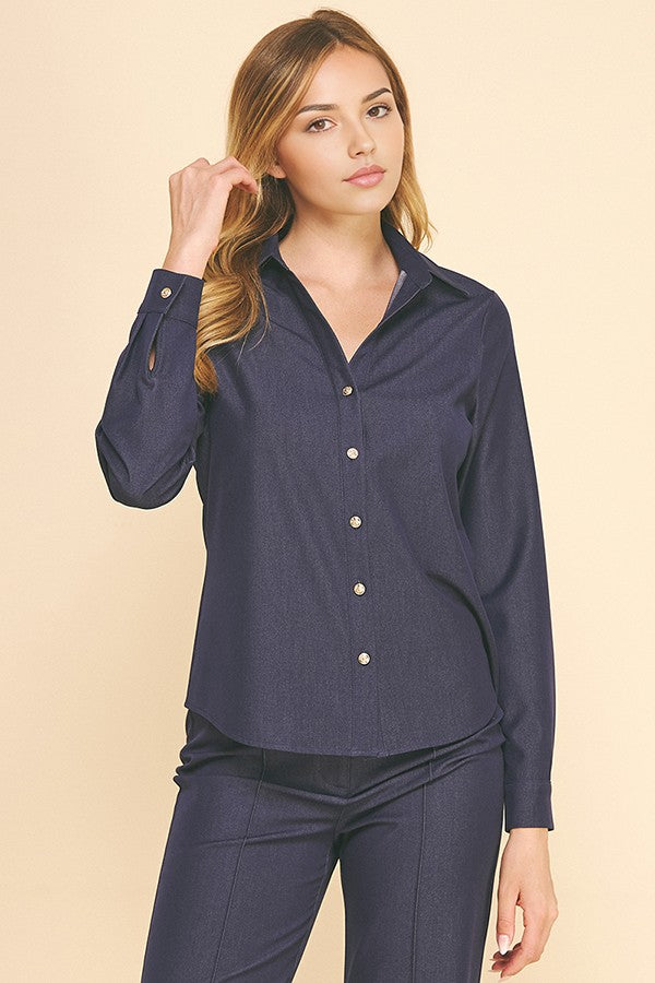 Faux Denim Open Collar Tapered Dress Shirt Blouse