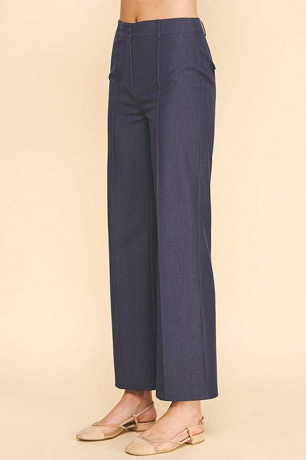 Faux Denim French Seam Flared High Waisted Trousers Pants