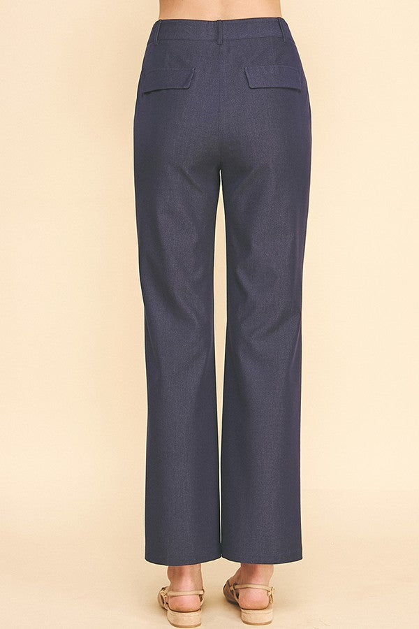 Faux Denim French Seam Flared High Waisted Trousers Pants