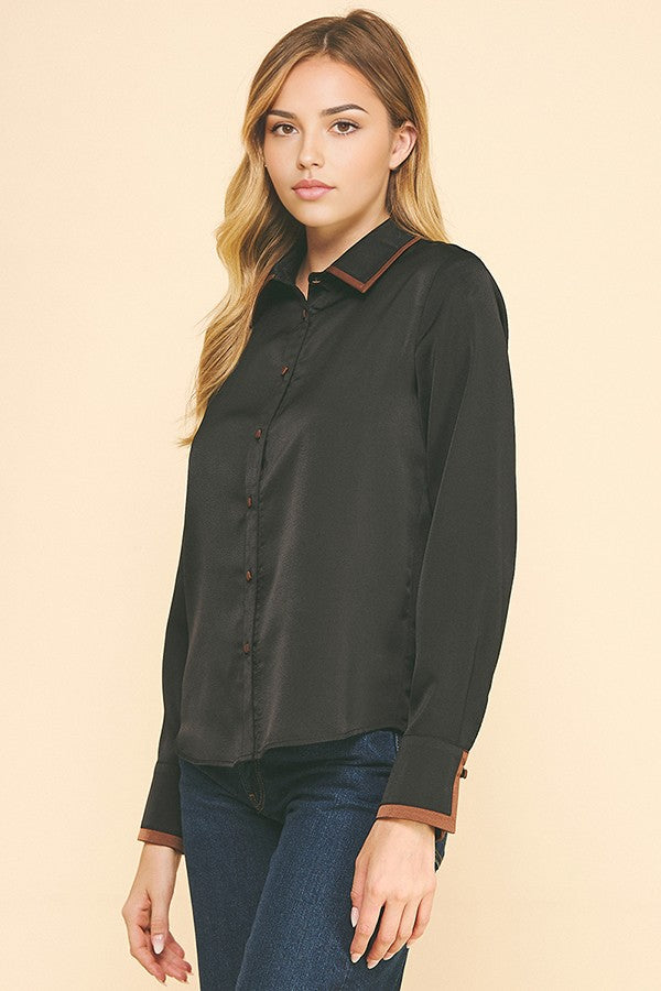 Charmeuse Contrast Color Collar Cuff Dress Shirt Blouse