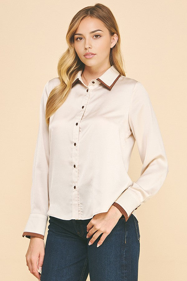 Charmeuse Contrast Color Collar Cuff Dress Shirt Blouse