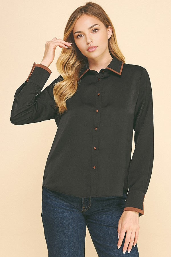 Charmeuse Contrast Color Collar Cuff Dress Shirt Blouse