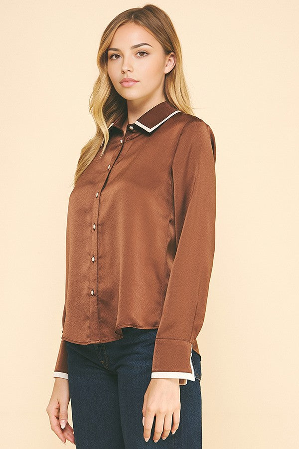Charmeuse Contrast Color Collar Cuff Dress Shirt Blouse