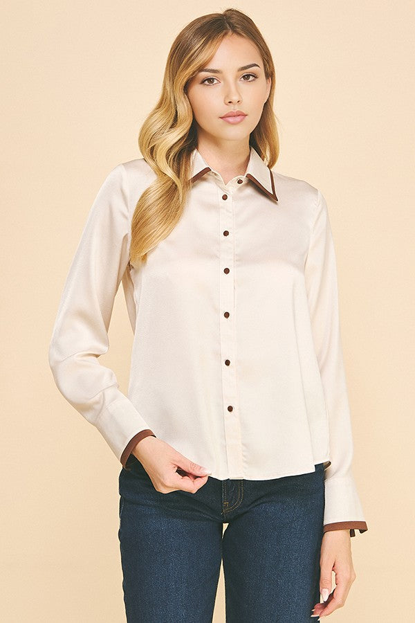 Charmeuse Contrast Color Collar Cuff Dress Shirt Blouse