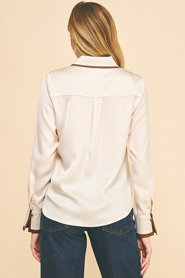 Charmeuse Contrast Color Collar Cuff Dress Shirt Blouse