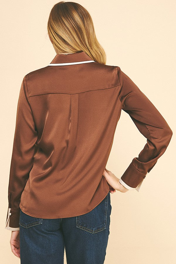 Charmeuse Contrast Color Collar Cuff Dress Shirt Blouse