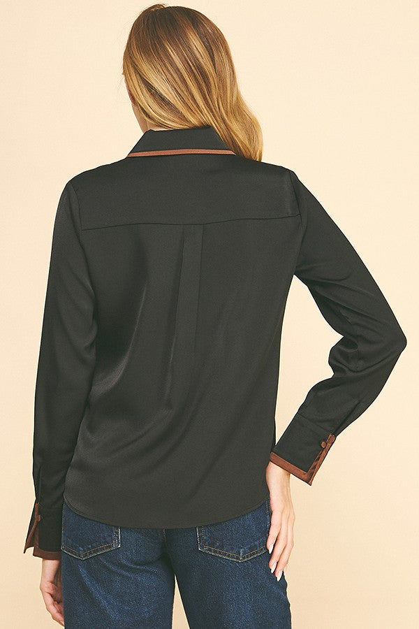 Charmeuse Contrast Color Collar Cuff Dress Shirt Blouse