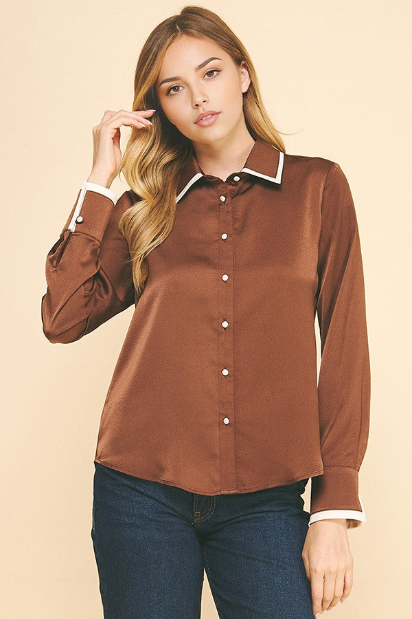 Charmeuse Contrast Color Collar Cuff Dress Shirt Blouse