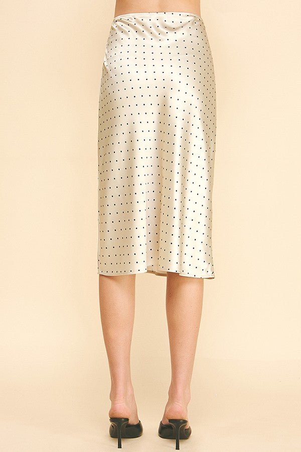 Satin Polka Dot Front Slit Midi Skirt