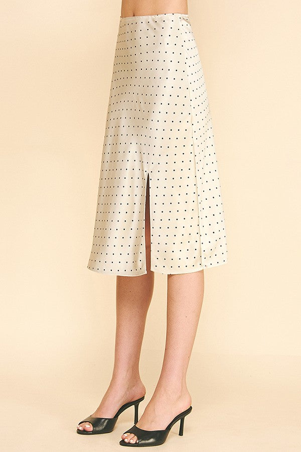 Satin Polka Dot Front Slit Midi Skirt