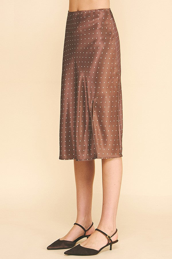 Satin Polka Dot Front Slit Midi Skirt