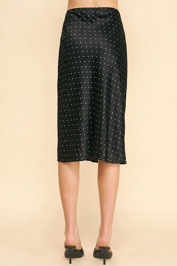 Satin Polka Dot Front Slit Midi Skirt