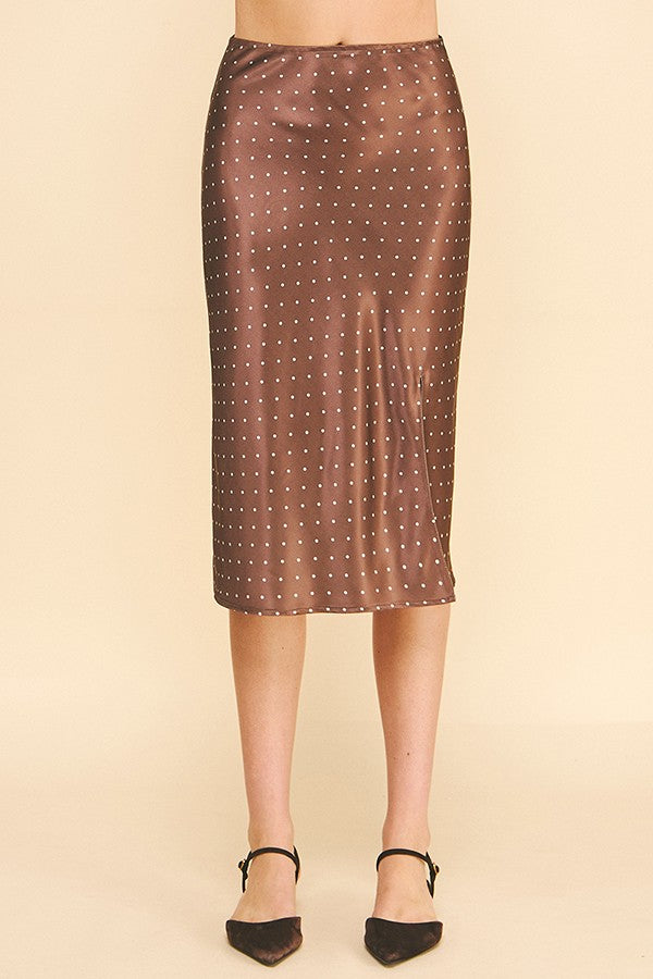 Satin Polka Dot Front Slit Midi Skirt
