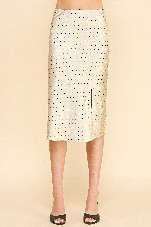 Satin Polka Dot Front Slit Midi Skirt
