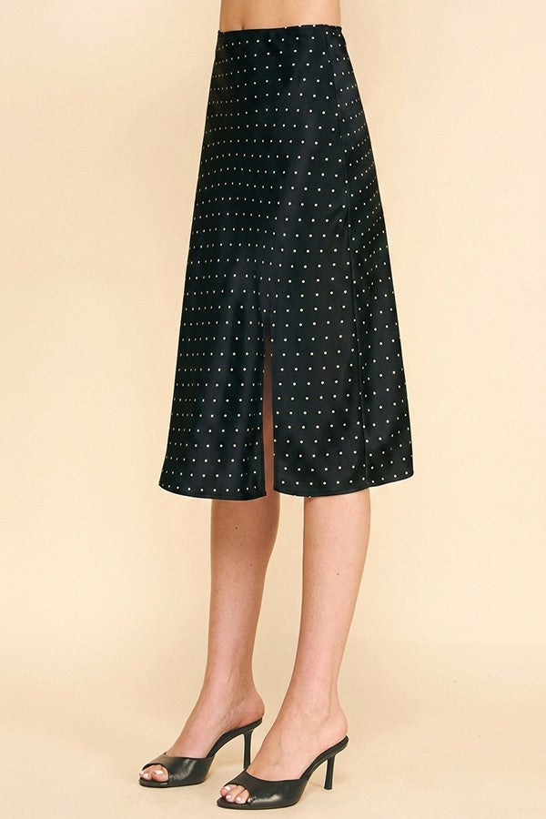 Satin Polka Dot Front Slit Midi Skirt