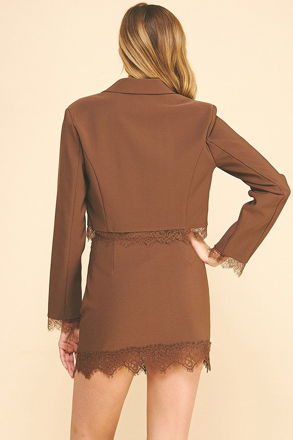 Twill Lace Hem Cuff Cropped Lined Blazer Jacket Top