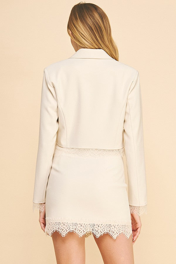 Twill Lace Hem Cuff Cropped Lined Blazer Jacket Top